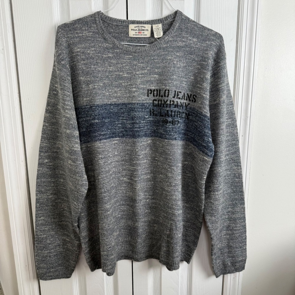 Vintage Polo Jeans Co Ralph Lauren Sweater L Gray Stripe NOS Wool Bl Hong Kong